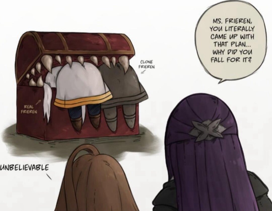 Frieren meme falling for her own clone chest plan