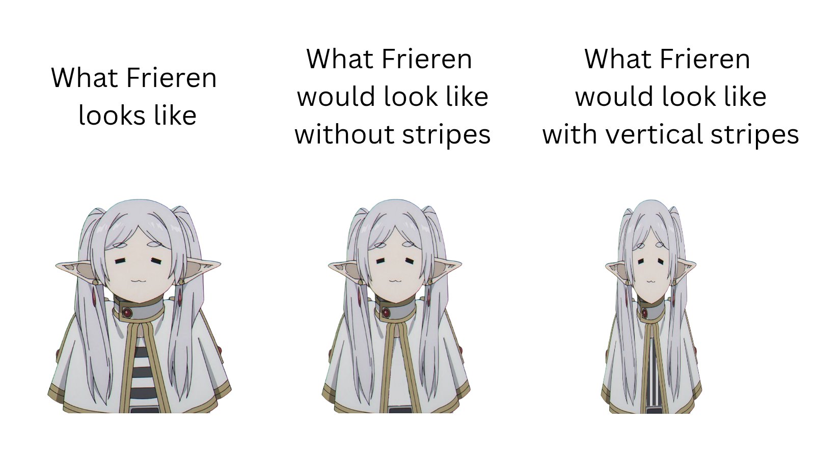 Frieren meme without stripes vs vertical stripes look