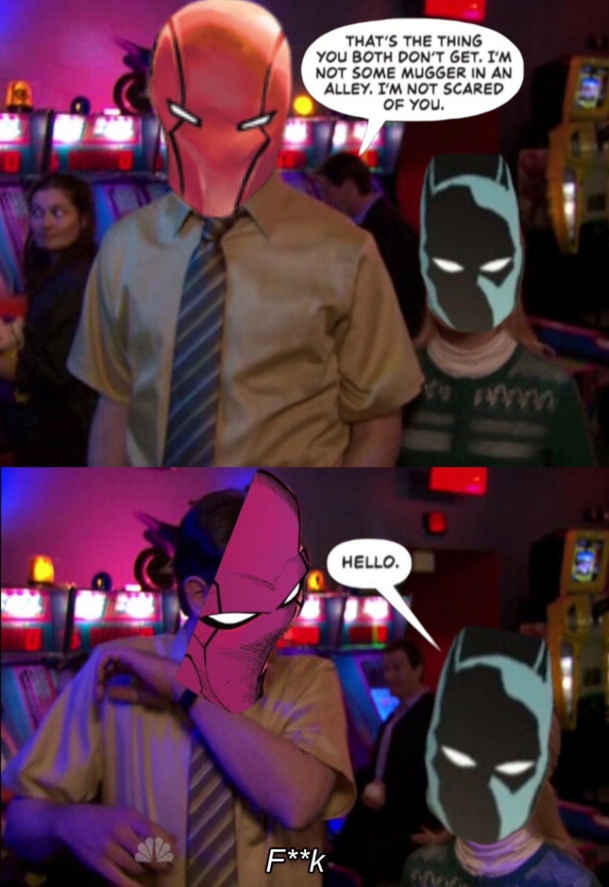 Angela scares dwight red hood vs batman meme about being scared