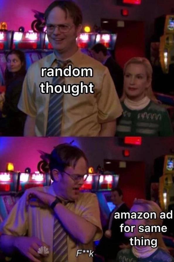 Angela scares dwight meme reacting to targeted ads for random thoughts