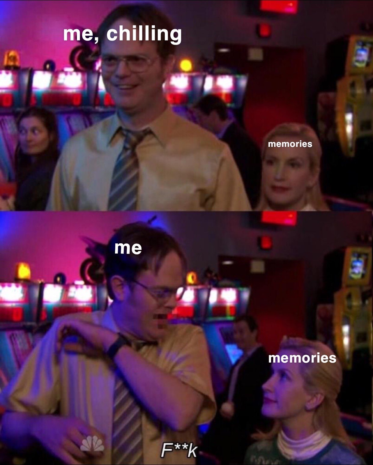 Angela scares dwight meme about memories ruining peaceful moments