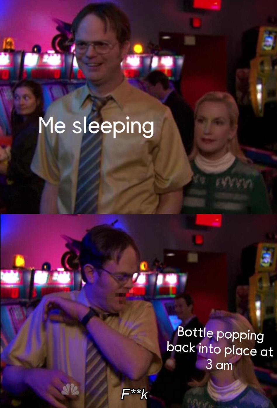 Angela scares dwight meme reacting to bottle popping at 3am while sleeping
