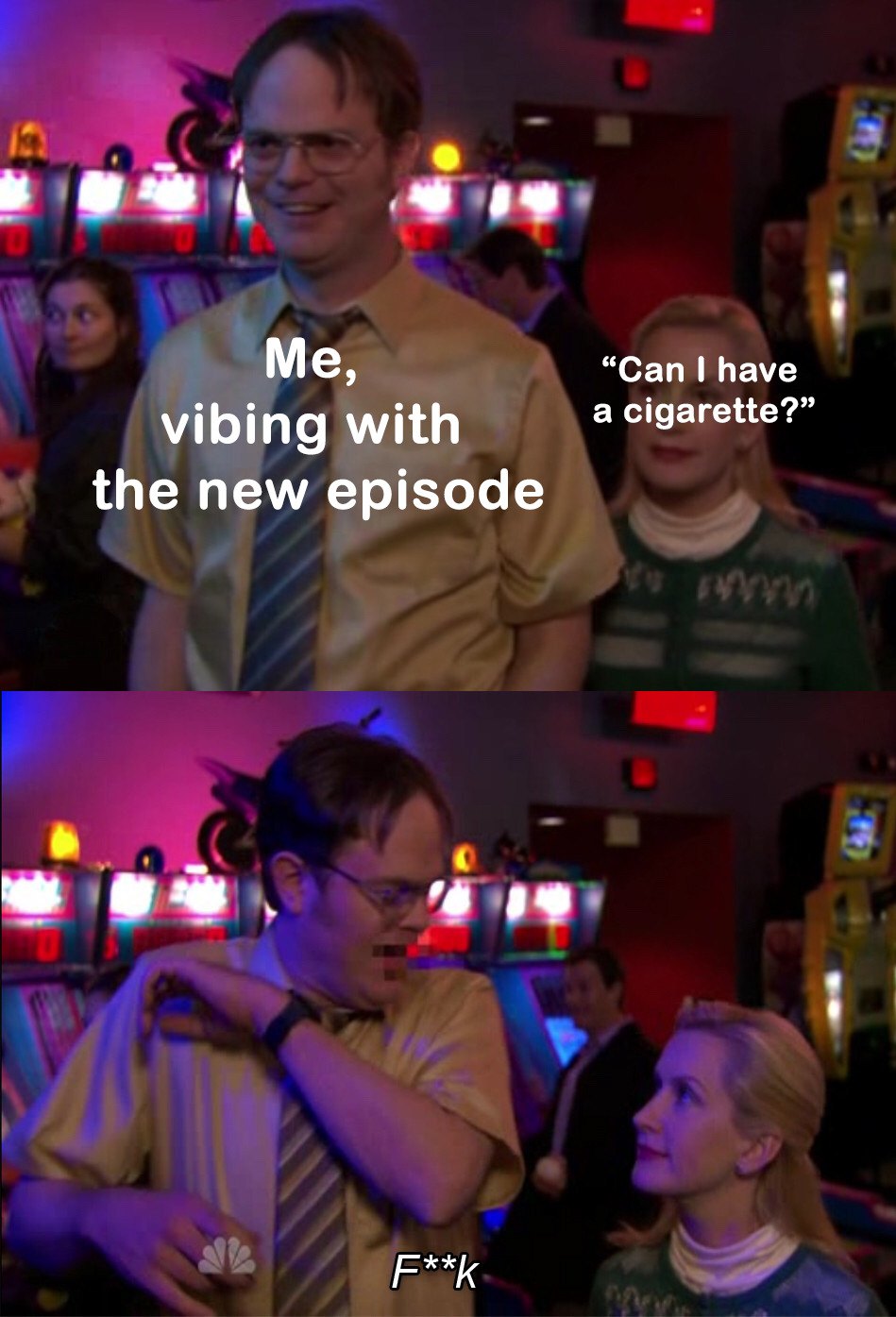 Angela scares dwight meme reacting to cigarette request mid show