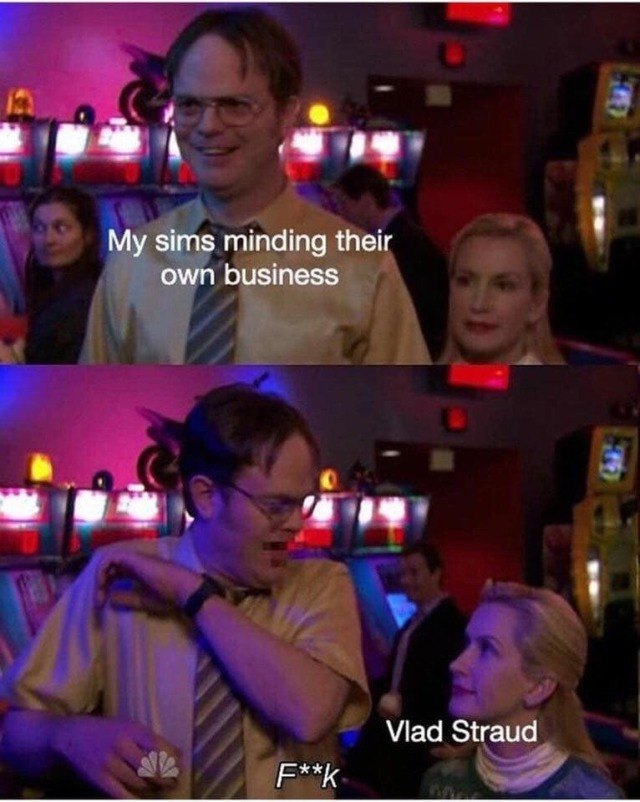 Angela scares dwight meme about sims being bothered by vlad straud