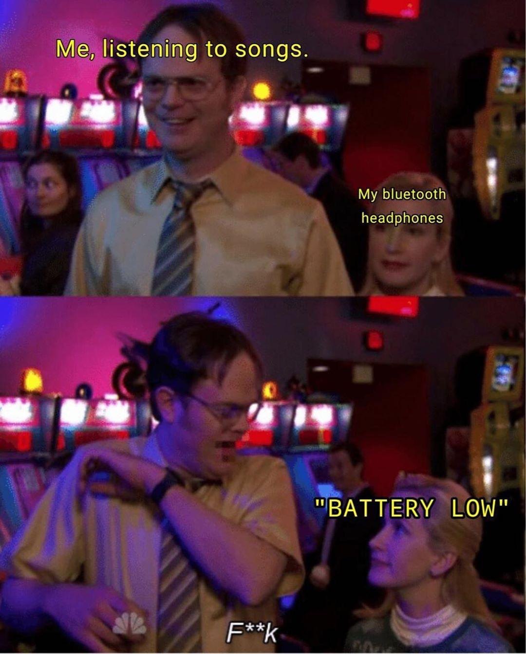 Angela scares dwight meme reacting to bluetooth headphones dying mid-song