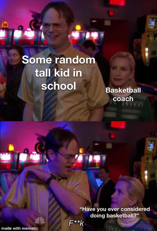 Angela scares dwight meme about basketball coach recruiting tall kid