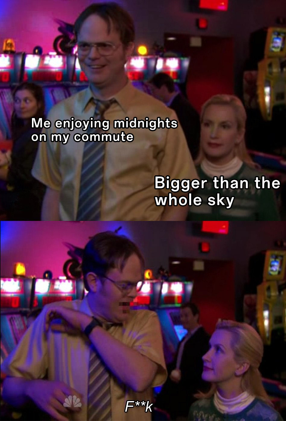 Angela scares dwight meme reacting to taylor swift song interruptions