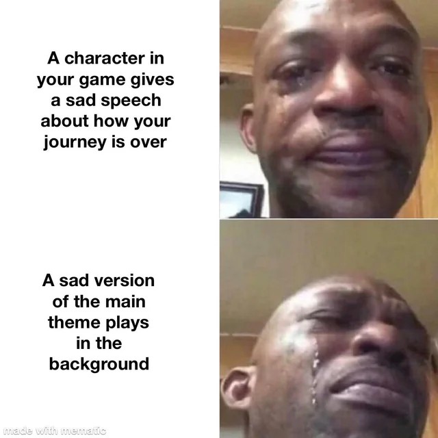 Black man crying meme about emotional video game ending moments
