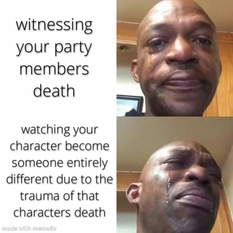 Black man crying meme about party member death trauma in games