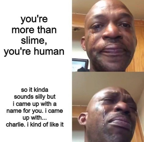 Black man crying meme about giving a slime the name Charlie