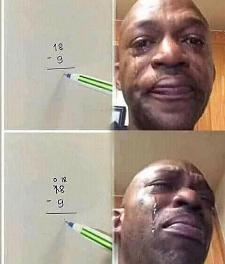 Black man crying meme about struggling with basic subtraction