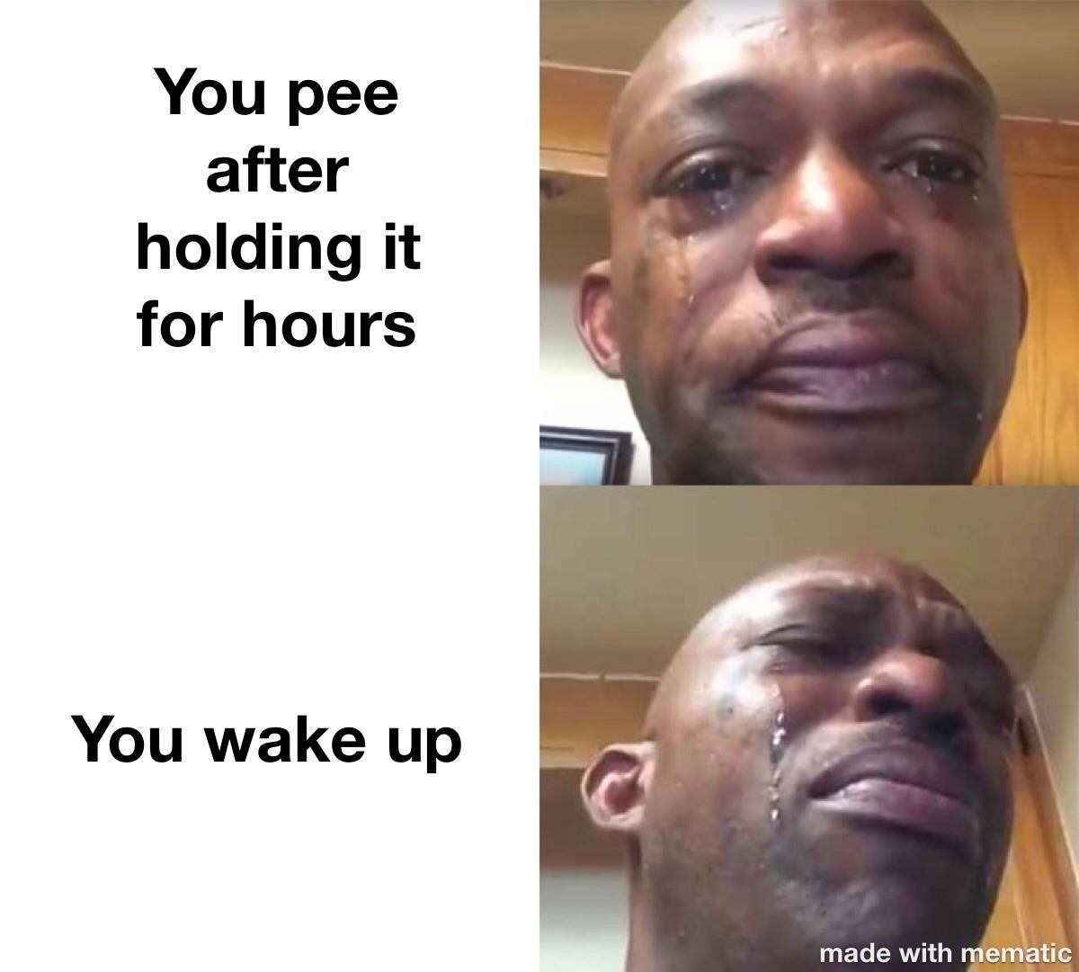 Black man crying meme about relieving yourself after holding pee