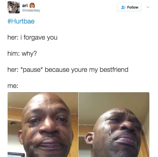 Black man crying meme reacting to emotional best friend dialogue
