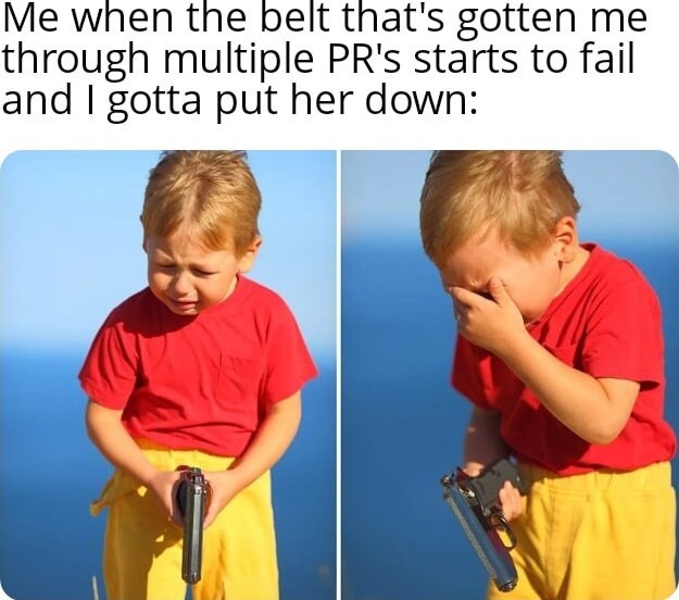 Crying kid with gun meme upset about retiring trusted gym belt