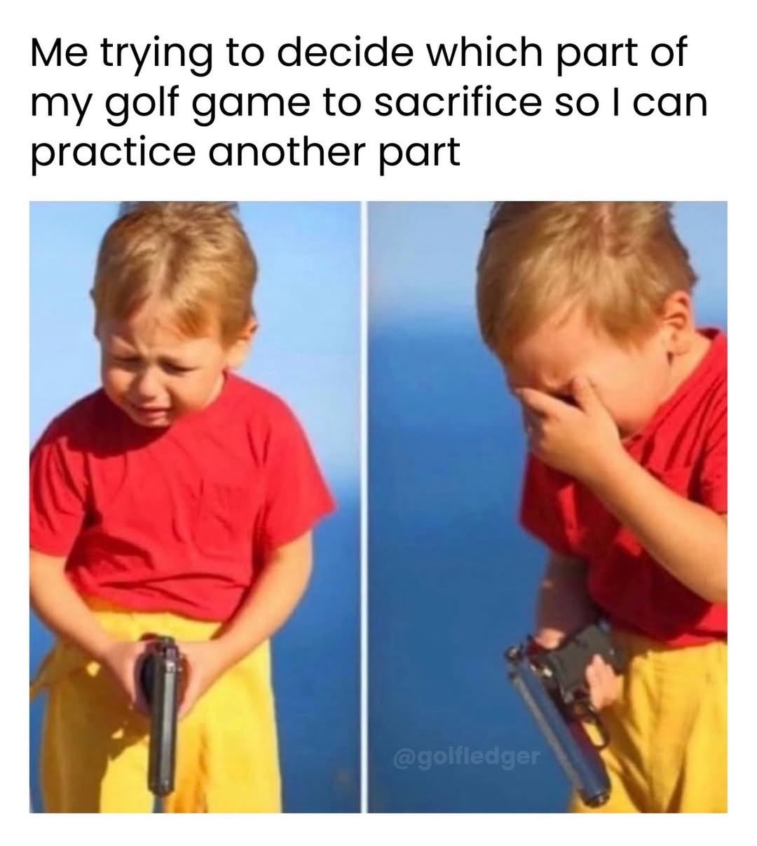 Crying kid with gun meme struggling to choose which golf skill to sacrifice