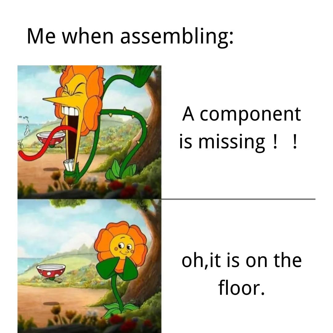 Cuphead flower meme assembling panic finding lost parts on floor