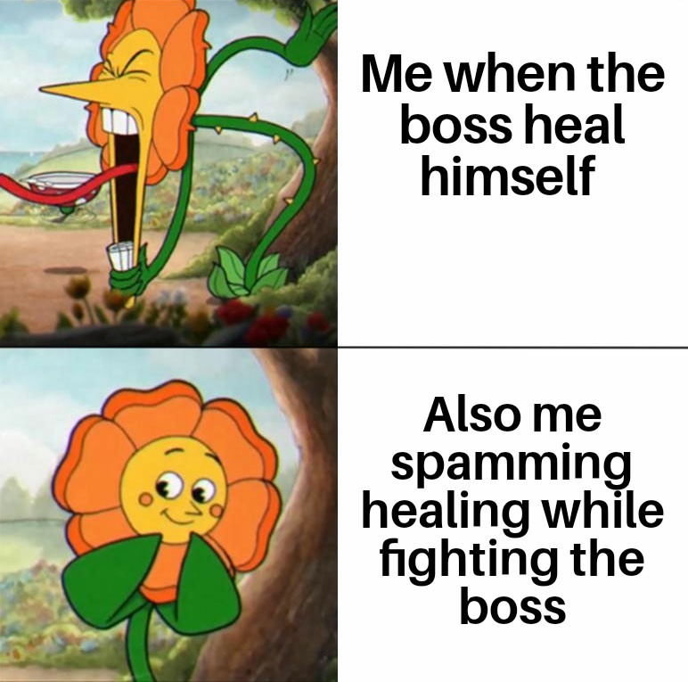 Cuphead flower meme angry at boss healing in video games