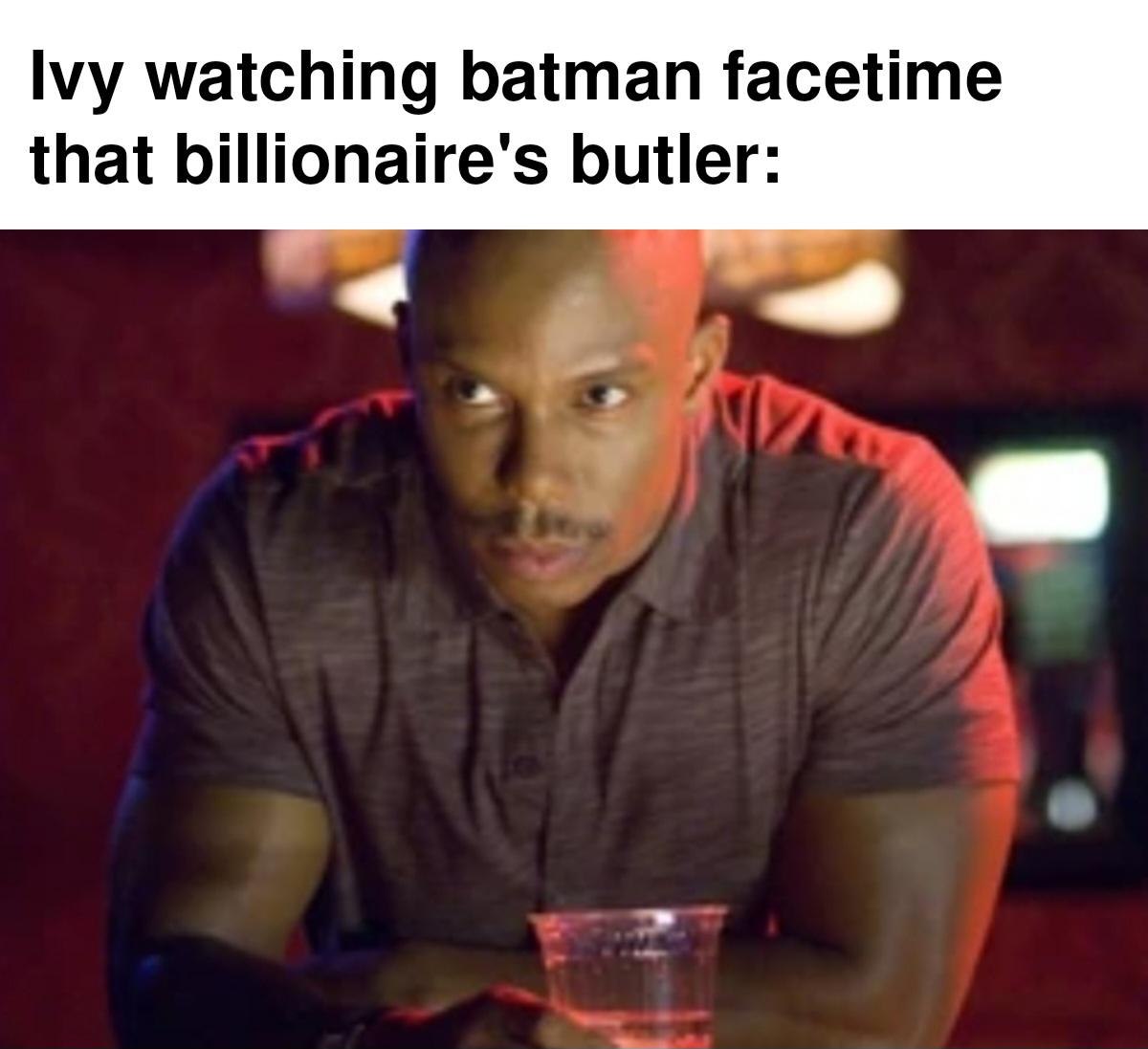Doakes meme staring confused when Ivy watches Batman facetime that billionaire's butler