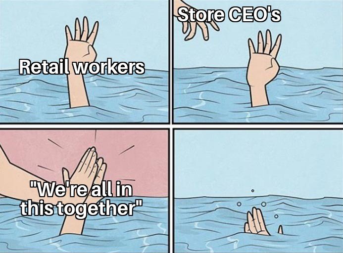 Drowning high five meme retail workers vs ceo empty solidarity