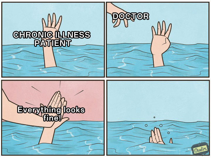 Drowning high five meme doctor telling chronic illness patient everything's fine