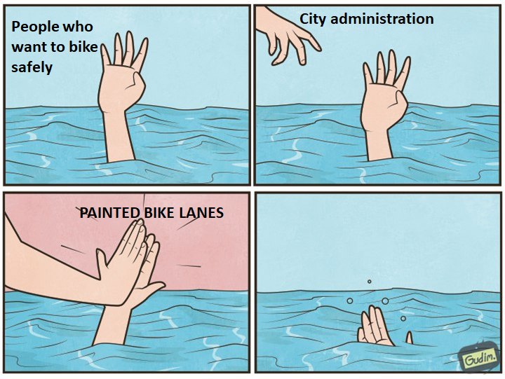 Drowning high five meme about painted bike lanes not keeping cyclists safe