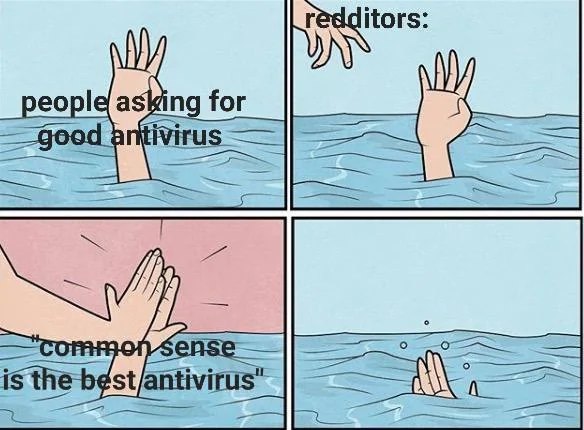 Drowning high five meme redditors saying common sense is best antivirus
