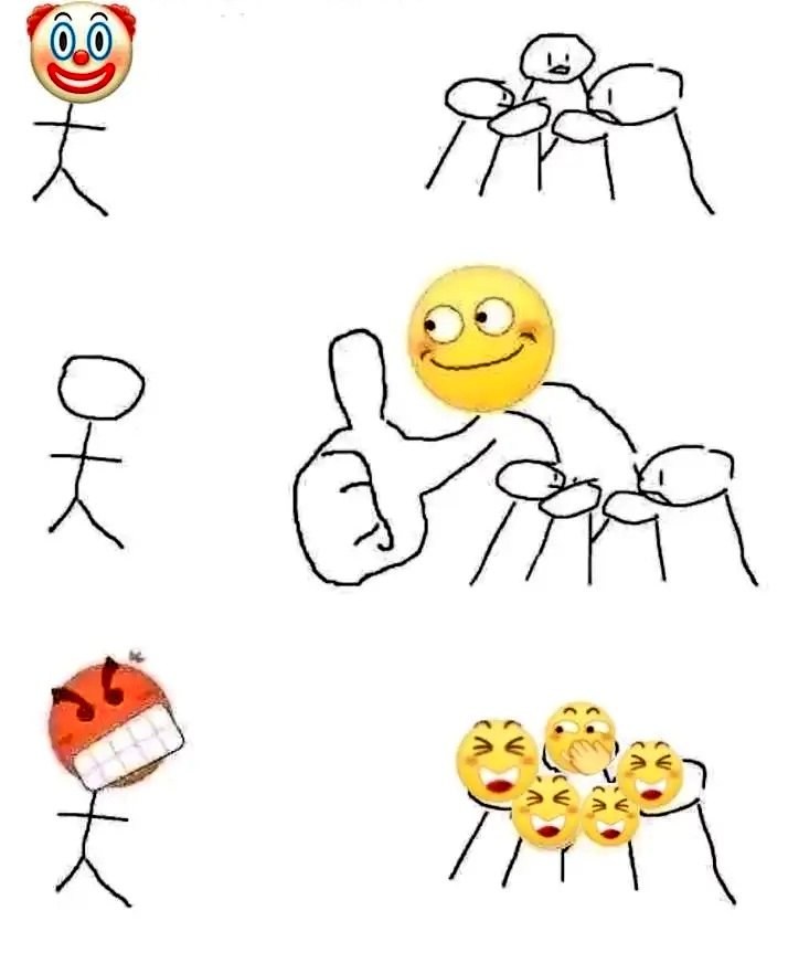 Giant thumb guy meme with clown emoji getting roasted by the group