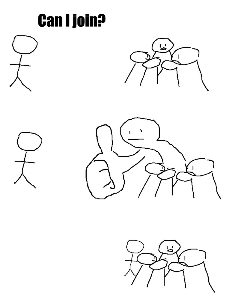 Giant thumb guy meme letting someone join the group with a thumbs up