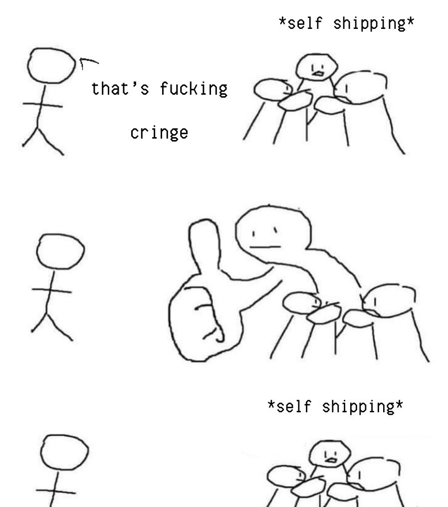 Giant thumb guy meme defending self shipping against cringe comments