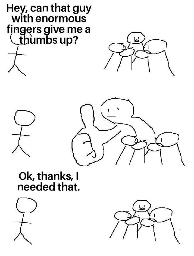 Giant thumb guy meme giving a thumbs up to a stranger