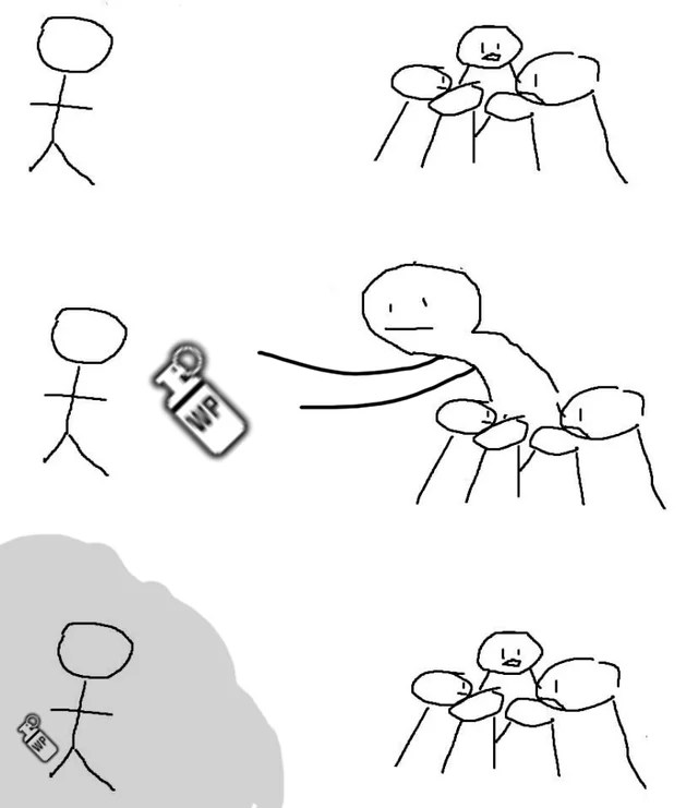 Giant thumb guy meme pranking a stranger with a spray can