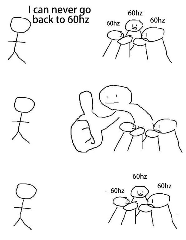 Giant thumb guy meme about 60hz screen refresh rate joke