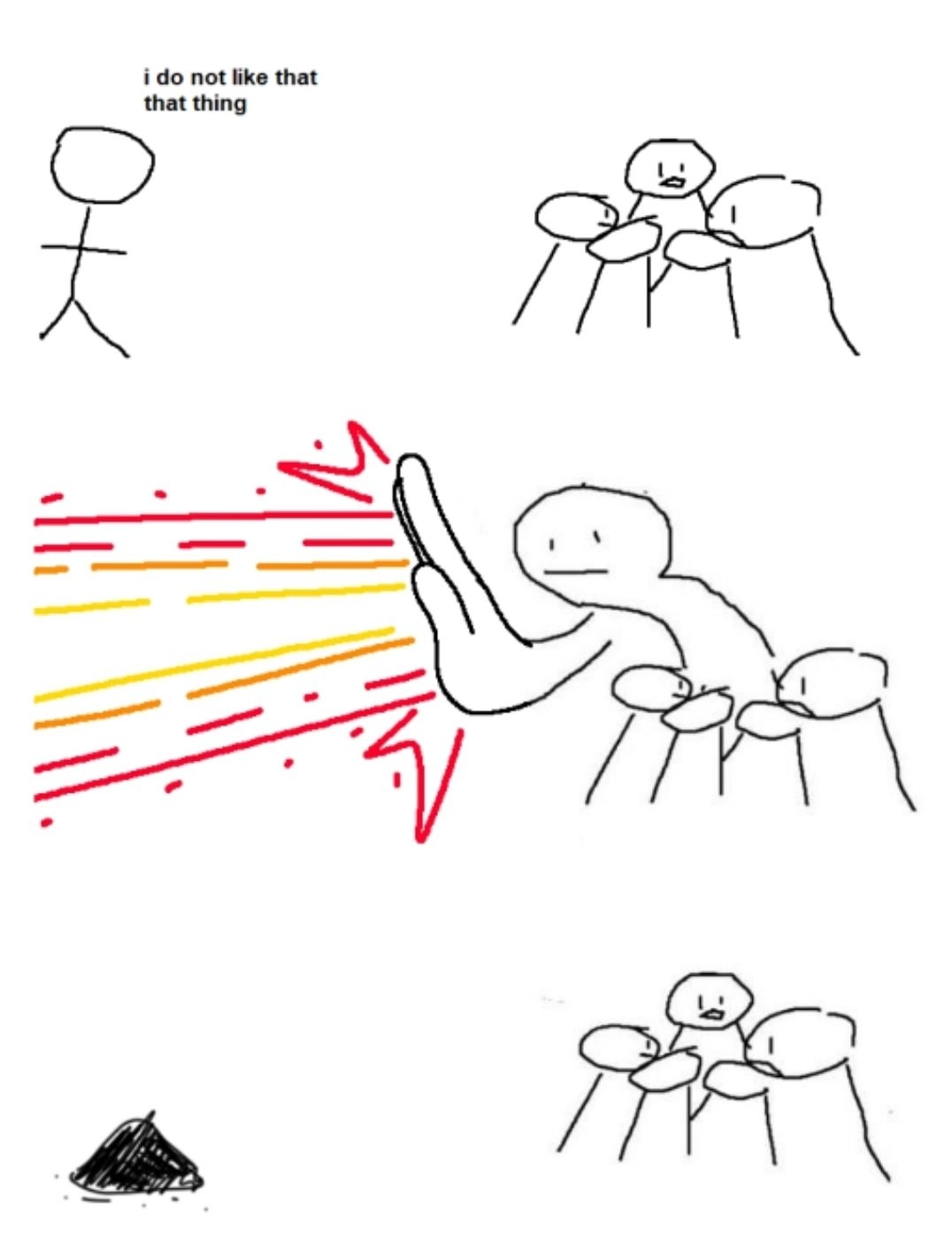 Giant thumb guy meme using laser to destroy the disliked thing