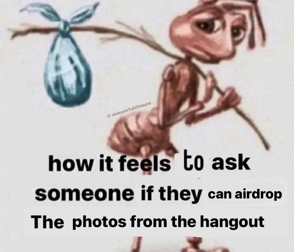 Homeless ant meme awkwardly asking for hangout photos via airdrop