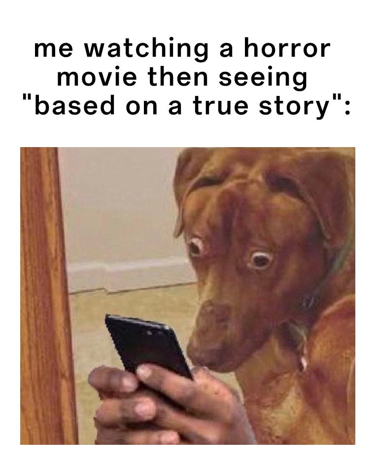 Scared dog meme shocked by horror movie true story tag