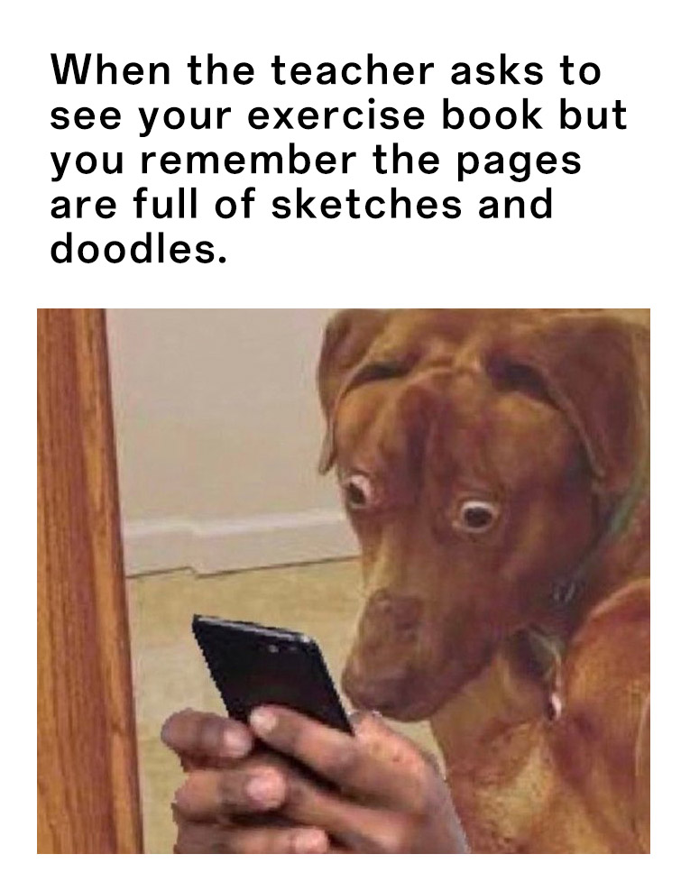Scared dog meme panicking about doodles in exercise book