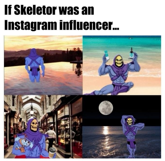 Skeletor meme Instagram influencer posing at beach