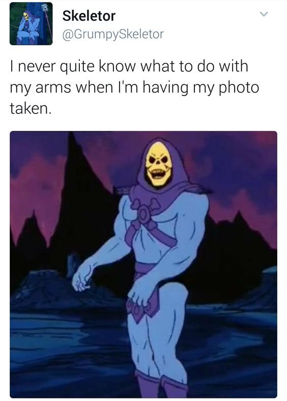 Skeletor meme awkward arms while posing for photo