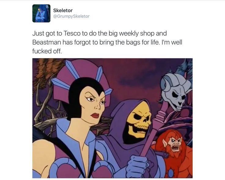 Skeletor meme forgot bags for Tesco weekly shop rage