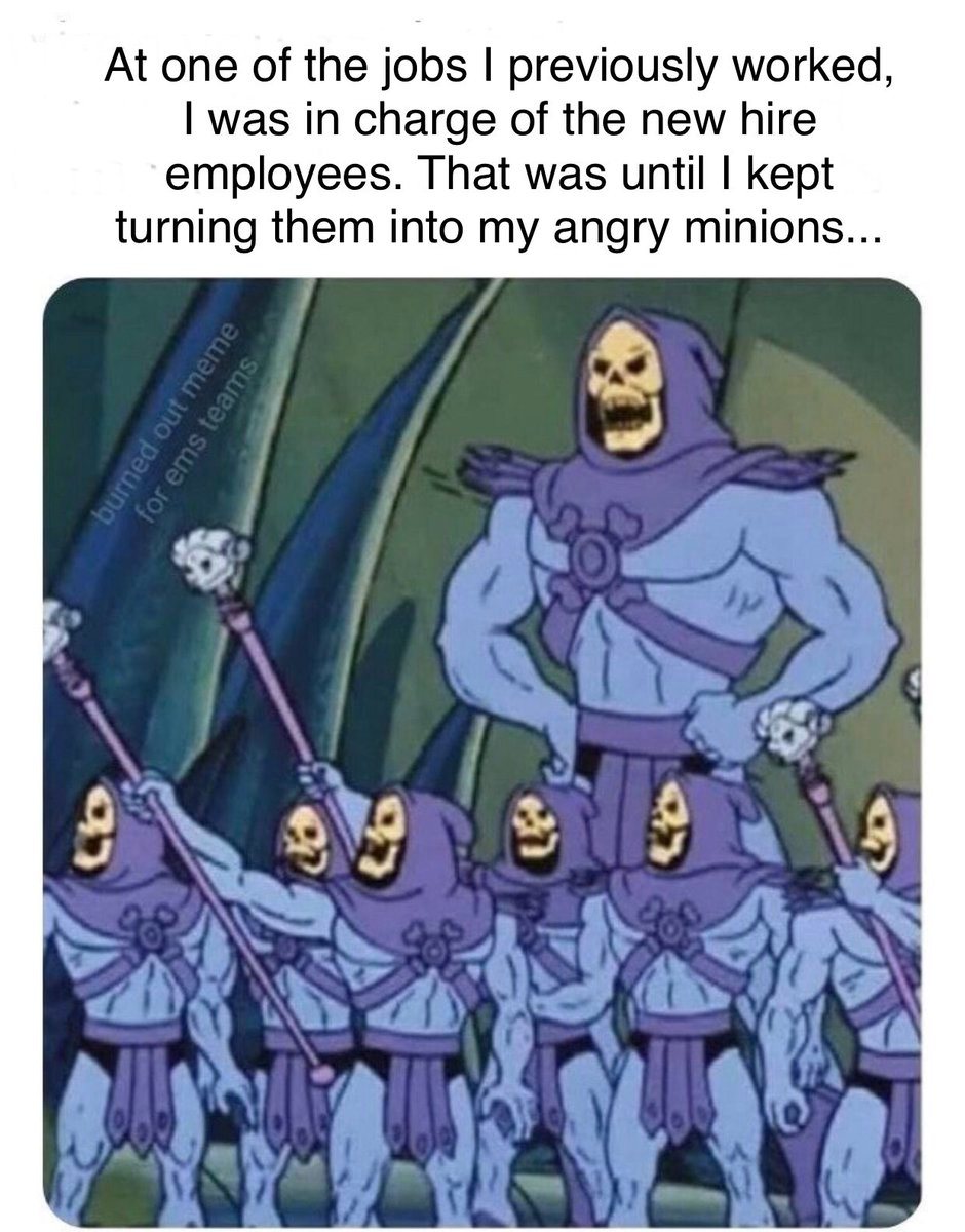 Skeletor meme training new hires into angry minions