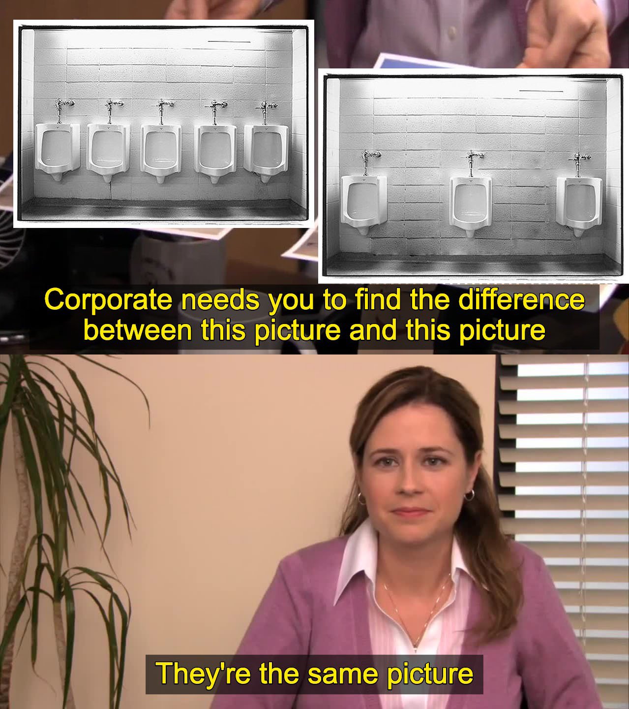 They're the same picture meme urinal spacing bathroom joke