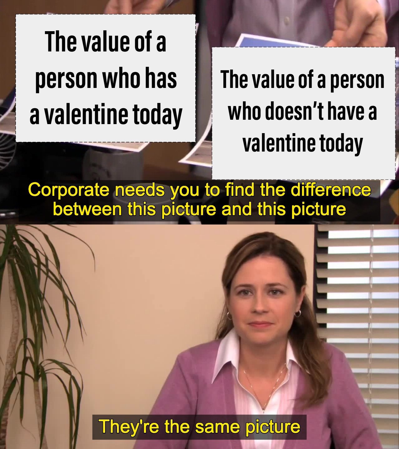 They're the same picture meme comparing valentine or no valentine