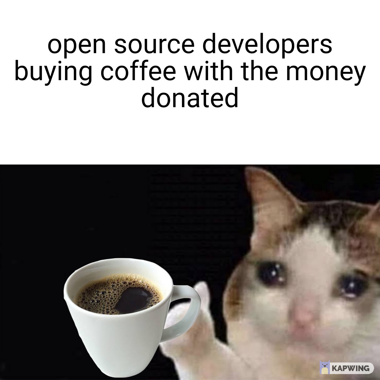 Thumbs up crying cat meme open source dev buying coffee with donations