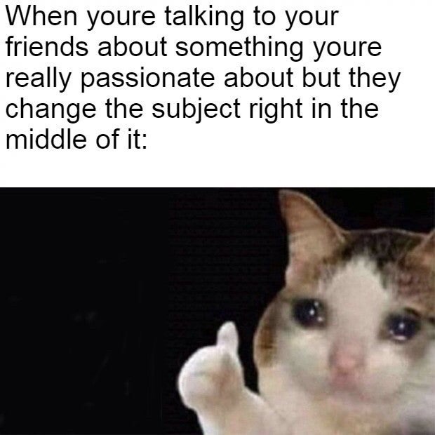 Thumbs up crying cat meme friends changing the subject mid passion talk
