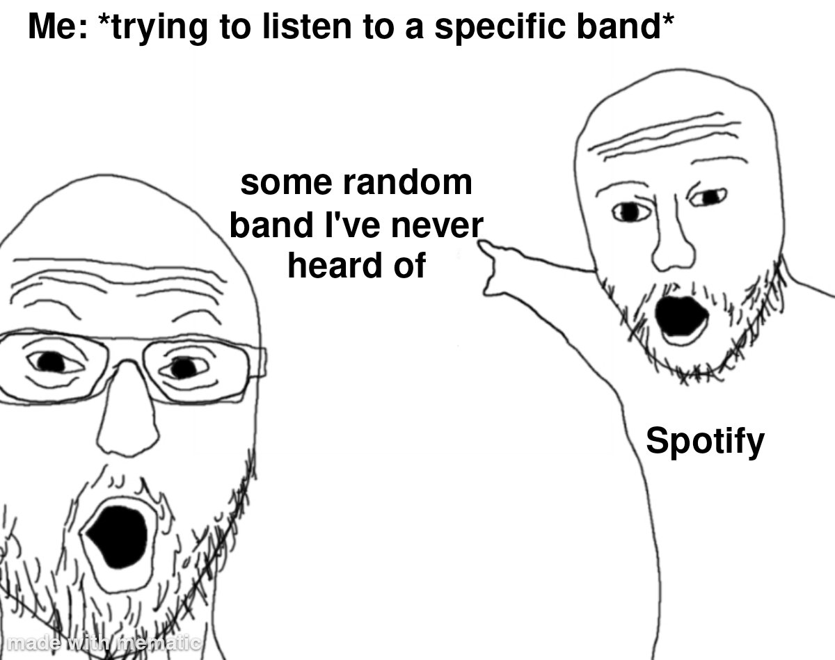 Two soyjaks pointing meme pointing at random unknown band when you try to listen to specific band on Spotify Two soyjaks pointing meme pointing at random unknown band when you try to listen to specific band on Spotify