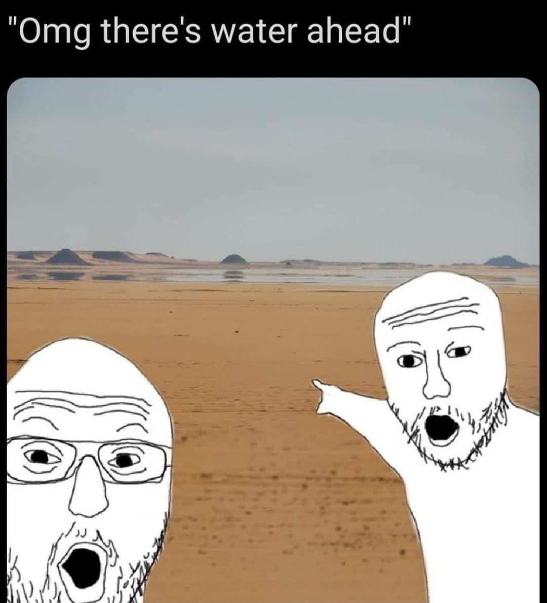 Two soyjaks pointing meme yelling there's water ahead while pointing at desert mirage Two soyjaks pointing meme yelling there's water ahead while pointing at desert mirage
