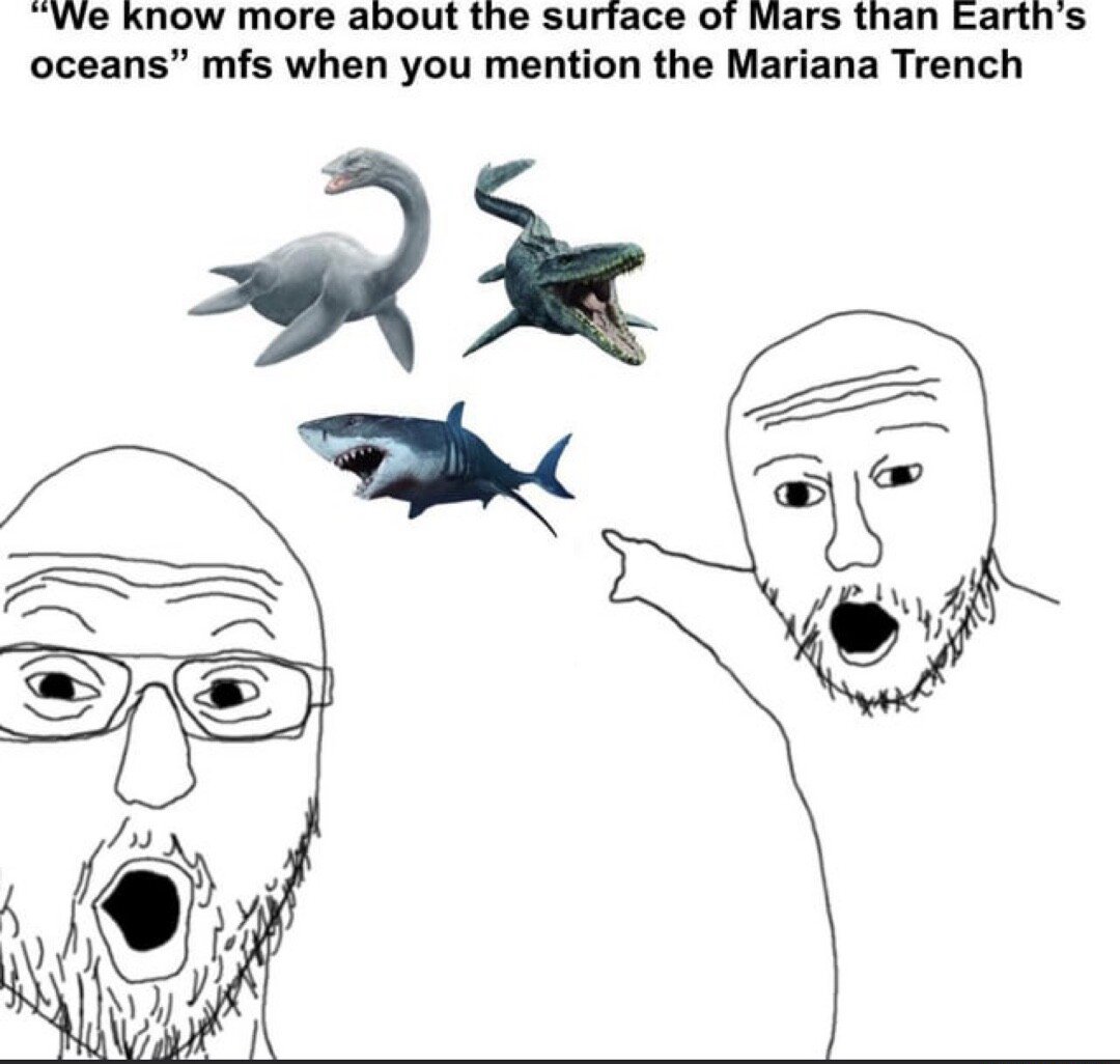 Two soyjaks pointing meme pointing at prehistoric sea creatures when mentioning Mariana Trench Two soyjaks pointing meme pointing at prehistoric sea creatures when mentioning Mariana Trench