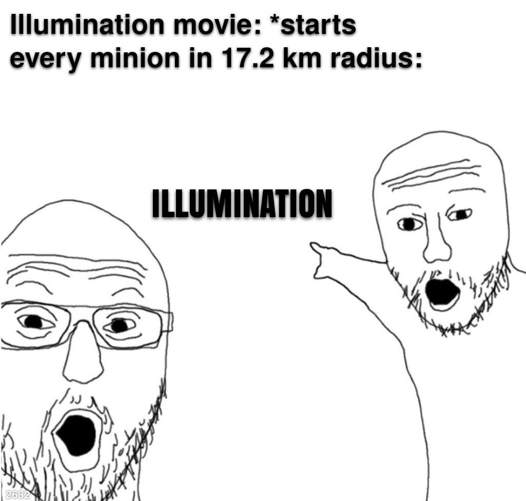 Two soyjaks pointing meme shocked at all minions rushing when Illumination movie starts Two soyjaks pointing meme shocked at all minions rushing when Illumination movie starts