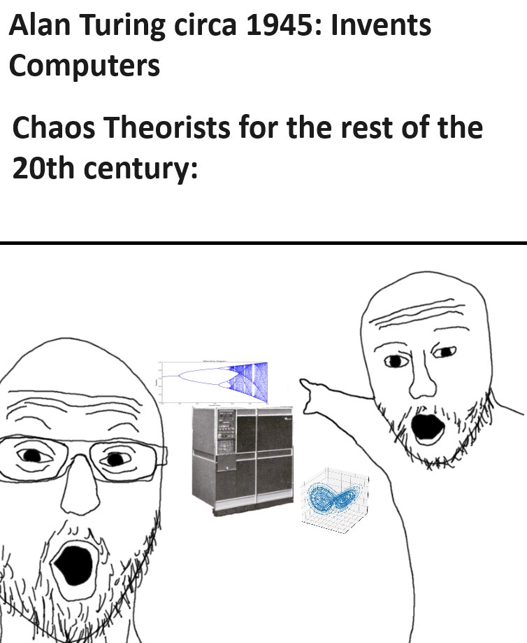 Two soyjaks pointing meme pointing at chaos theory plots after Alan Turing invents computers Two soyjaks pointing meme pointing at chaos theory plots after Alan Turing invents computers