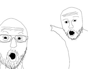 Two soyjaks pointing meme template
